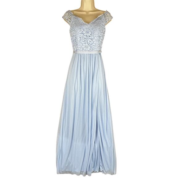 Davids Bridal Formal Gown Womens 2 Light Blue Off Shoulder Slit Lace‎ Prom Dress - Picture 2 of 15